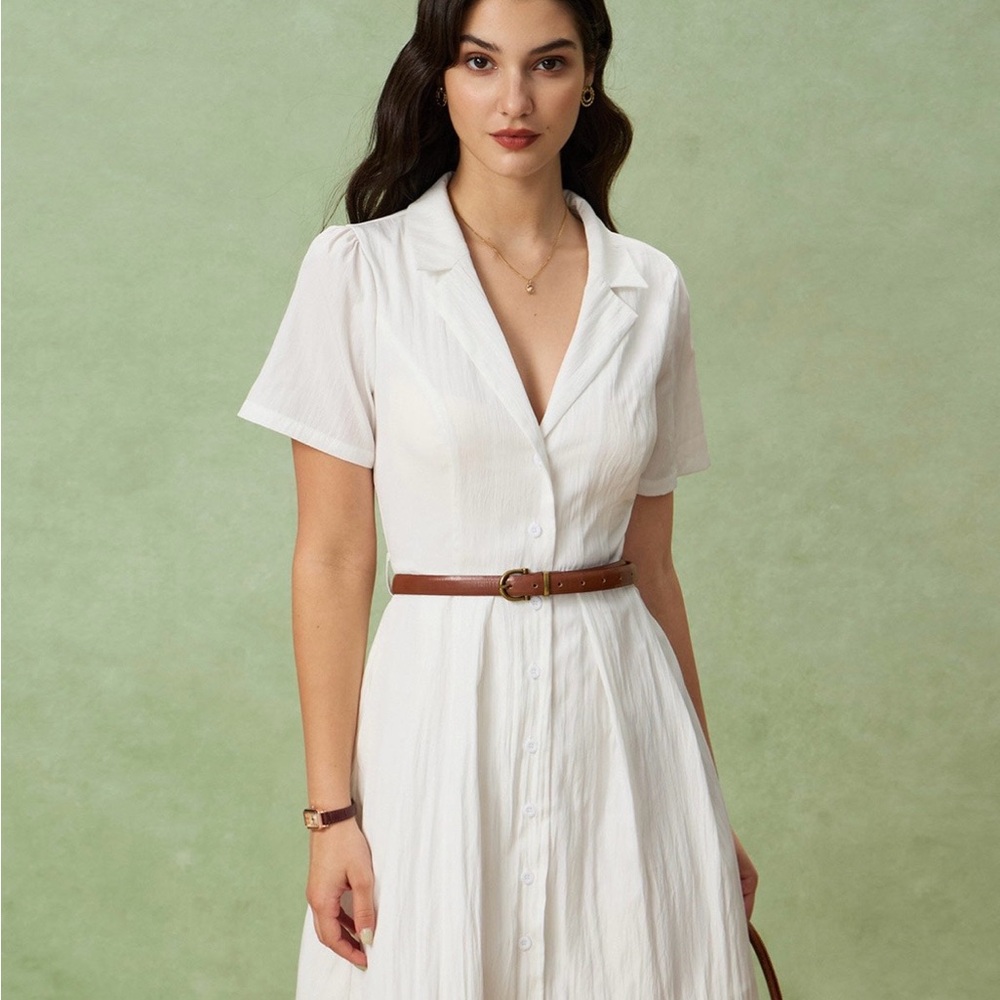 Rihoas White Puff Sleeve Mini Dress – Button Front, Size S